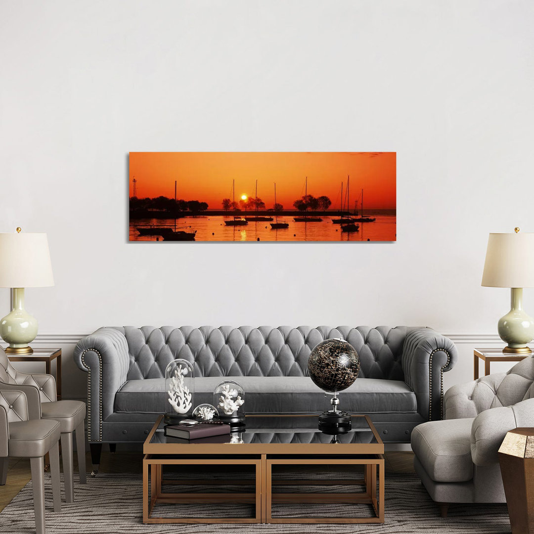 Silhouette Of Boats In A Lake, Lake Michigan, Great Lakes, Michigan, USA - Wrapped Canvas Panoramic Print