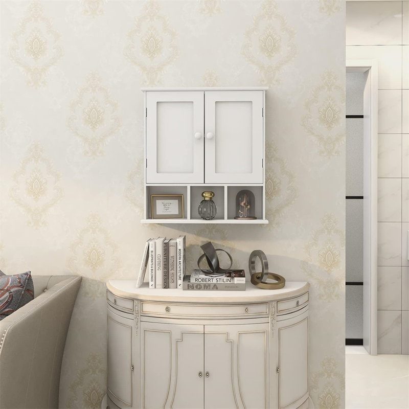 Armoire murale de salle de bain de style minimaliste avec 2 portes et tablettes réglables, Blanc