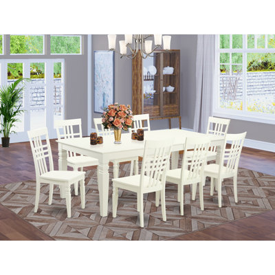 Ensemble de table de salle à manger 9 pièces comprenant une table rectangulaire en bois avec rallonge papillon et 8 chaises de cuisine, lin blanc