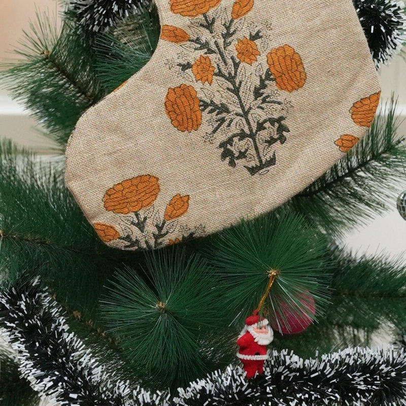  Chaussette de Noël en lin imprimée à la main style campagnard rustique - Swadesh, H 16 po x l 6,5 po
