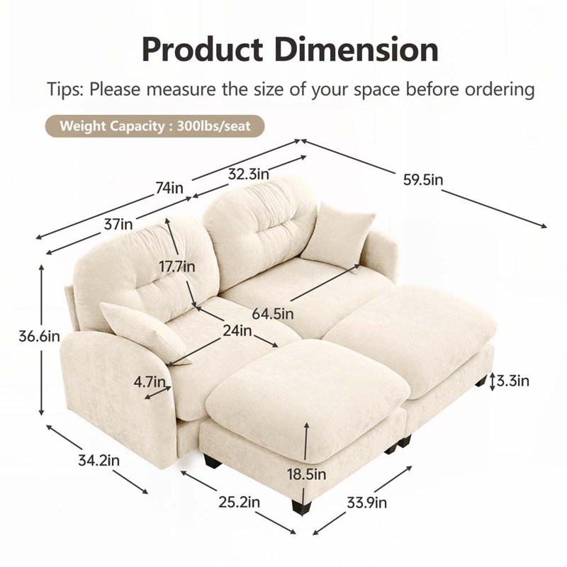 Chenille Fabric Modular 2-Seat Sofa Including 2 Pillows,2 Ottoman, 2, Beige, 36.6" H x 74" W x 934" D
