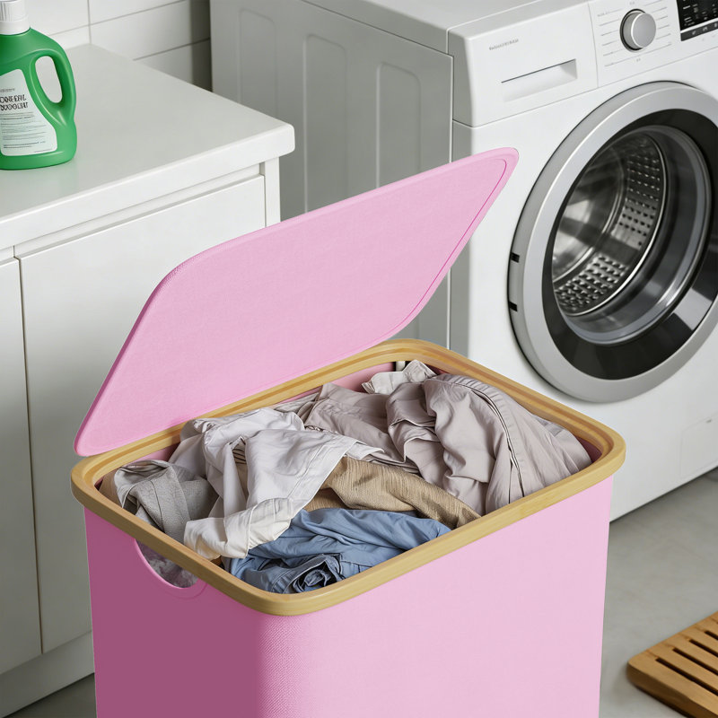 Laundry Hamper with Wheels and Lid, 26 Gallon Rolling Clothes Basket with Bamboo Handle for Bedroom, Bathroom, Dorm and Laundry Room