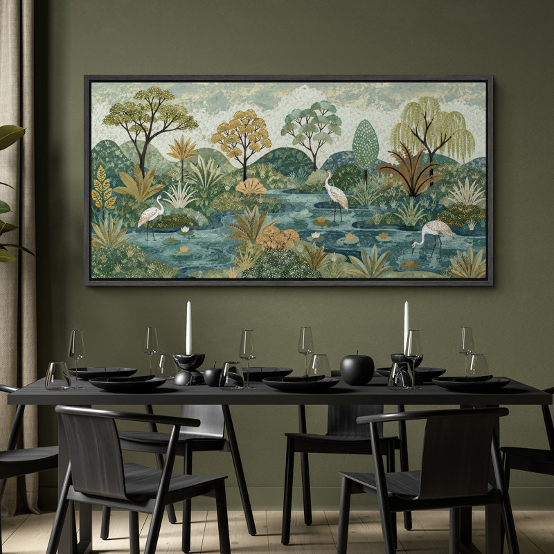 «Serene Garden Pond Landscape with Cranes And Lush Greenery», impression murale sur toile encadrée, Noir