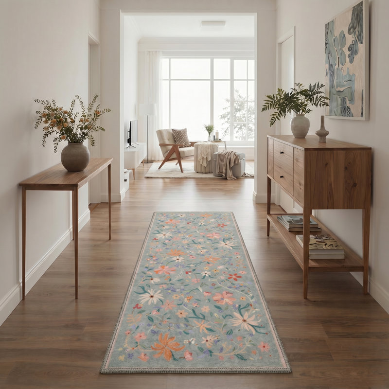 Abrahamson Wild Bloom Floral Machine Washable Blue / Green Indoor Area Rug with Non-Slip Backing, Runner 2'6" x 8'