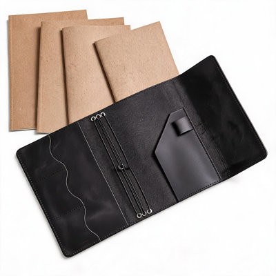 Ensemble de 4 carnets rechargeables A5 en cuir PU avec couverture, reliure à élastique, porte-cartes et porte-stylo, disponible en noir et bordeaux, idéal pour les voyages, le bureau et l'écriture quotidienne.