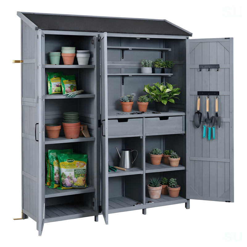 [With Assembly Video] TOPMAX 60.6X19.3X71.6Inch Large Patio Garden Shed With Waterproof Roof, 3 Doors Storage Cabinet With Workstation, 7 Storage Shelves, 2 Drawers And 6 Hooks For Backyard