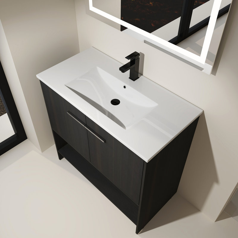 Meuble-lavabo 36 po avec lavabo en céramique, 2 portes à fermeture douce, meuble-lavabo autoportant, contreplaqué