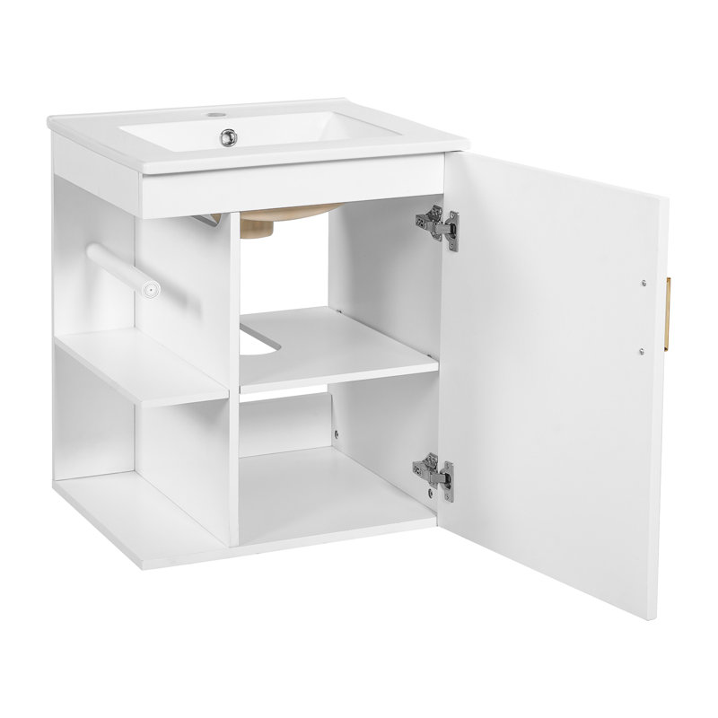 Meuble-lavabo mural de 51 cm (20 po), de style moderne, blanc, avec lavabo, étagères ouvertes, rangement optimal, porte fermée pour plus d'intimité avec fermeture amortie, porte-papier hygiénique intégré et construction résistante à l'eau.