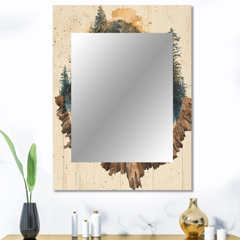 Gnome en bois dans un paysage de forêt I - miroir mural Bigfoot, miroir décoratif brun, impression d'art en métal