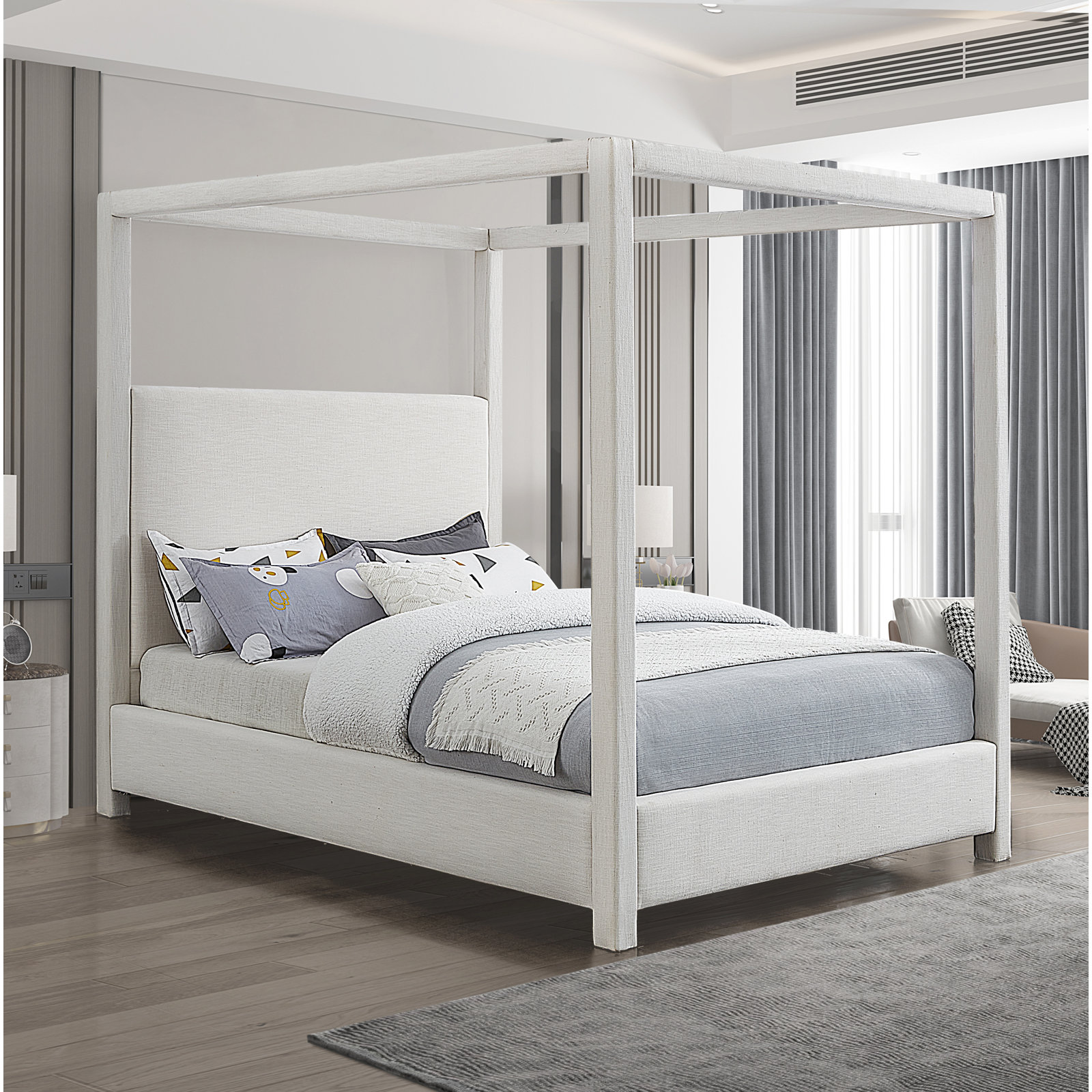 Upholstered Canopy Bed, Cream Linen, Queen