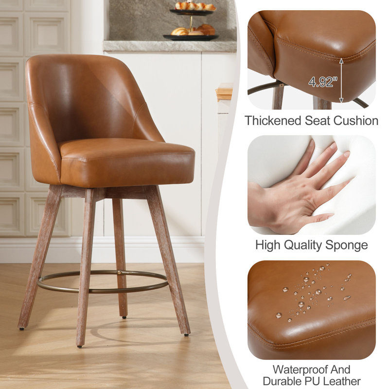 Modern Mid-Century Swivel Bar stool with Backs and Wood Legs, Brown