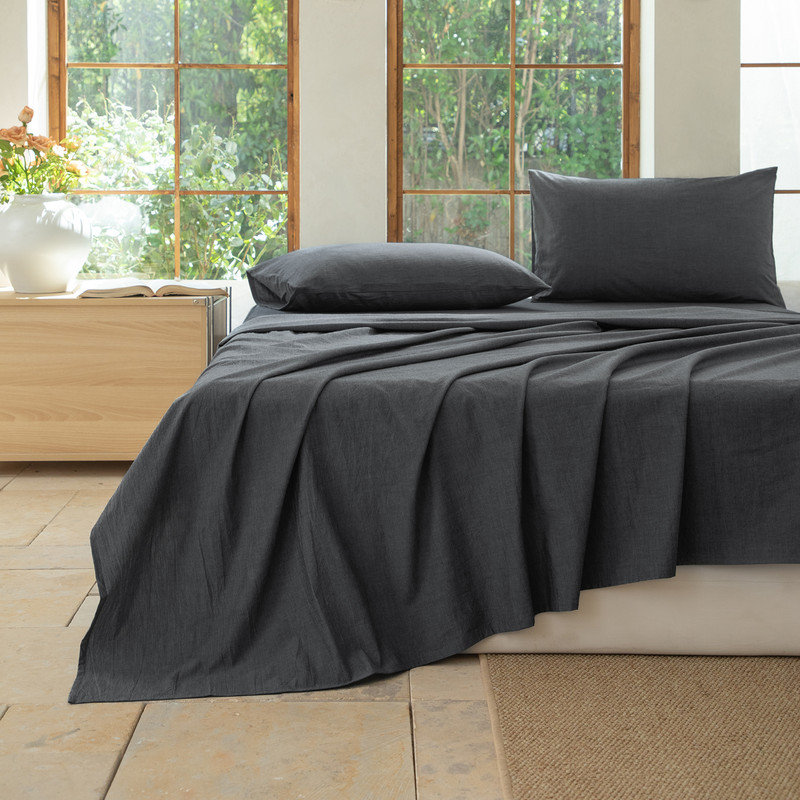 100% Washed Cotton Bedding Sheet Set 4 Pieces,1 Fitted Sheet,1 Flat Sheet and 2 Pillowcases,Comfy Textured Sheet Set