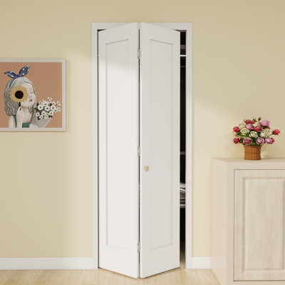 Interior Solid Core Wood White Primed 1 Panel Shaker Bi-fold Closet Door with Hardware Kit