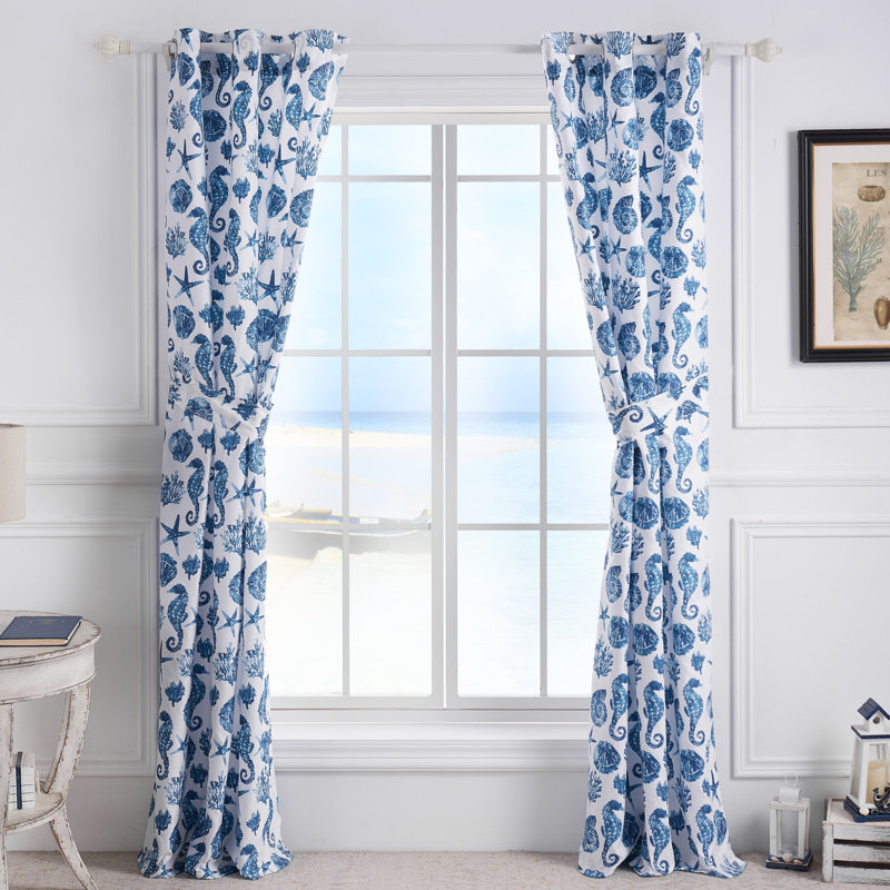 Ocean Blue Seashell Print Light-Filtering Polyester Window Panels