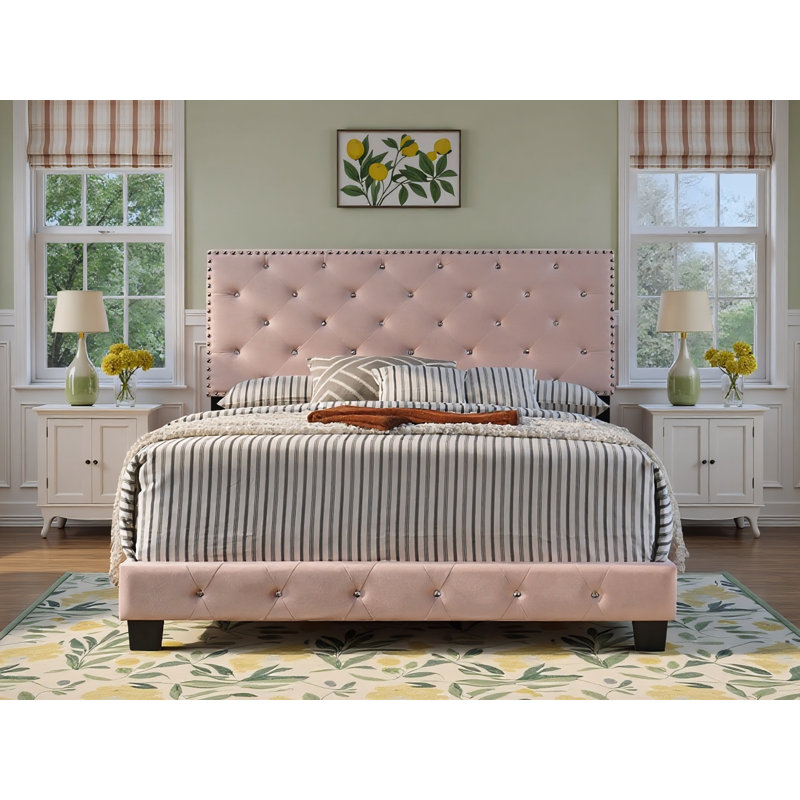 Lit double en velours rose Modena, Double, Rose