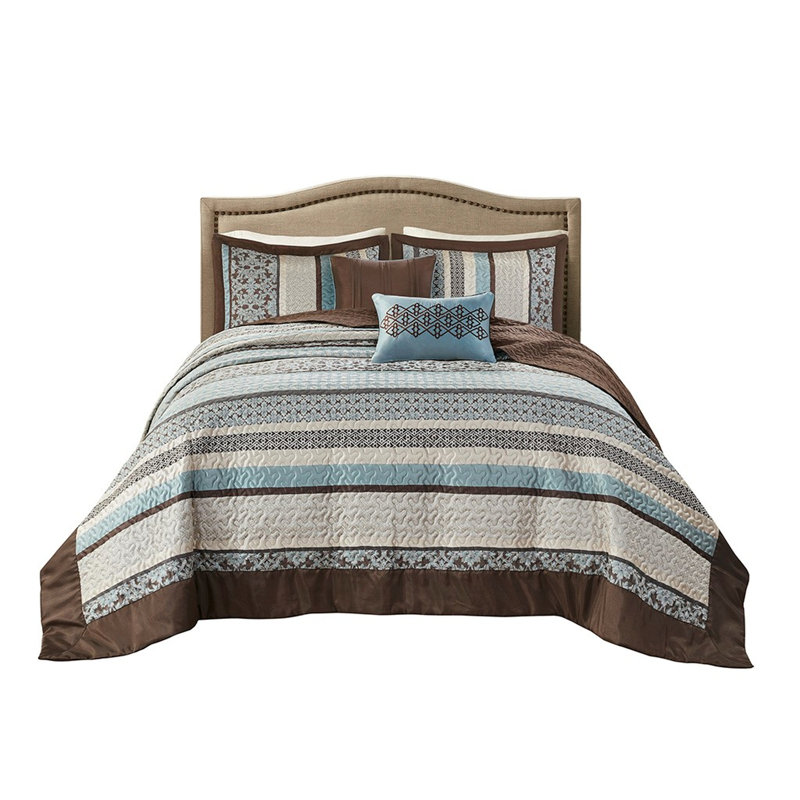 Courtepointe bleue de style traditionnel pour très grand / très grand lit avec coussins, literie 5 pièces, broderie réversible