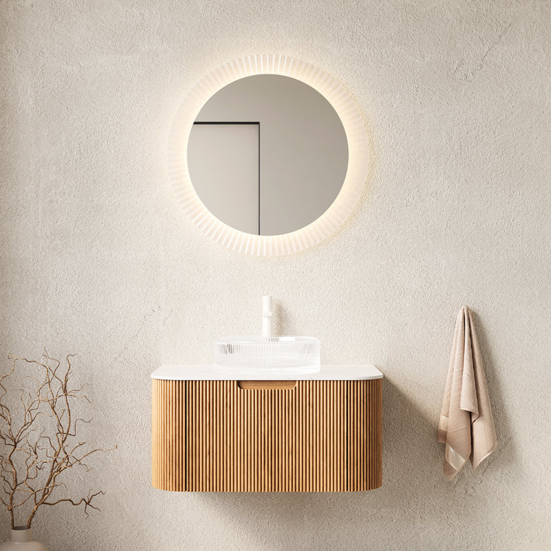 Meuble-lavabo de 30 po avec lavabo rond en verre transparent, armoire flottante, finition naturelle, pré-assemblé, rangement spacieux, tiroir à fermeture en douceur, conception à rayures 3D, lavabo en cristal, fabrication en contreplaqué,