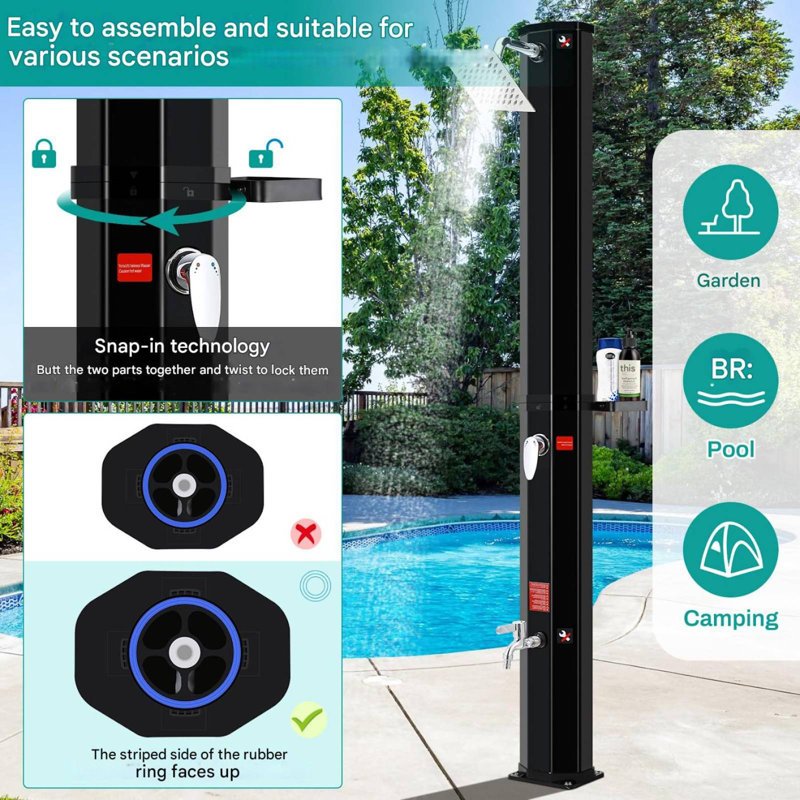 220Cm H Plastic Solar Powered Portable Free Standing Outdoor Shower, Matte Black, 35