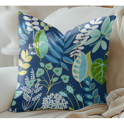 Turquoise Navy Floral Leaf Print Outdoor Pillow
