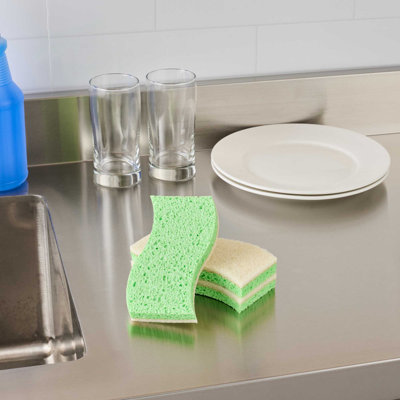 Restaurantware Kitchen Sponges 3 Pack Dual-Sided Cellulose Sponge Scrubber with White Scouring Pad Green Wavy Absorbent Scrubbing Sponge for Light-Duty Cleaning, Scrub Walls, Coffee Makers