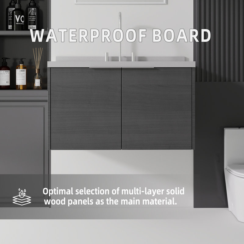 Meuble-lavabo flottant, avec lavabo, avec porte à fermeture en douceur, plateau en granite, contreplaqué, Grey, 36" W