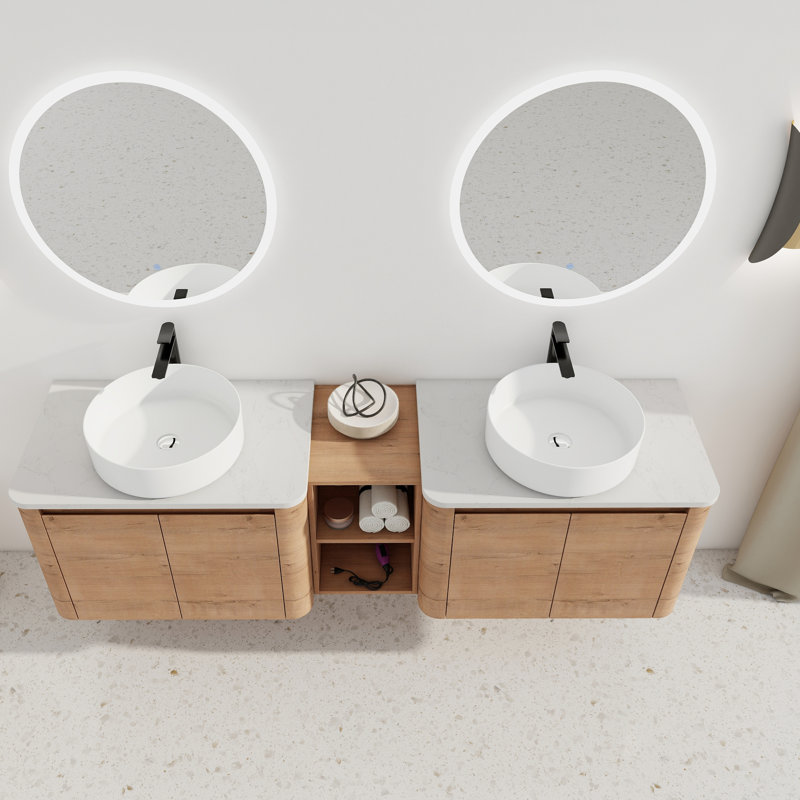 Meuble-lavabo mural moderne avec lavabo d'art en céramique, Blanc, 71"