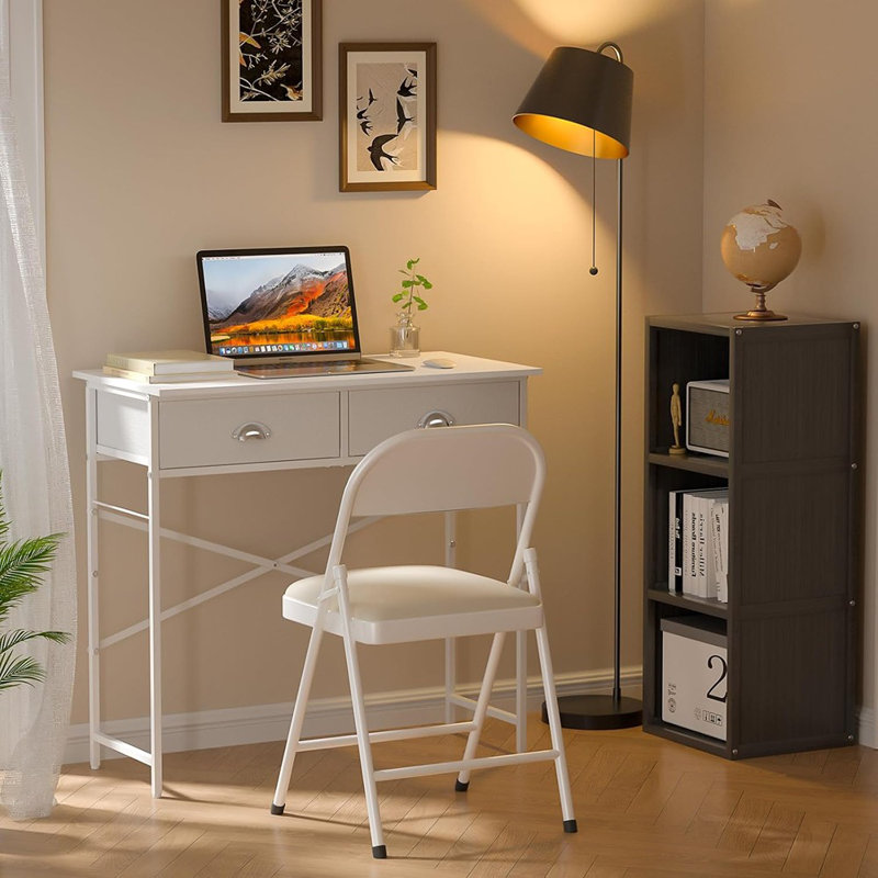 Bureau d'ordinateur blanc pour petits espaces, bureau simple avec 2 tiroirs en tissu