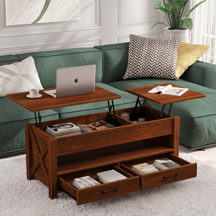 Dextyn Lift Top Coffee Table with Hidden Compartment and Drawers, Farm Style