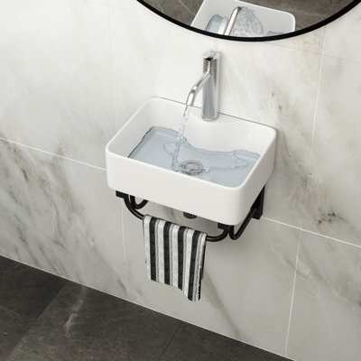 Wall - Mounted, 16X12 Ceramic Sink, Black Towel Bar, Compatibility, Multiple Faucet Styles Standard Hole, Easy Installation