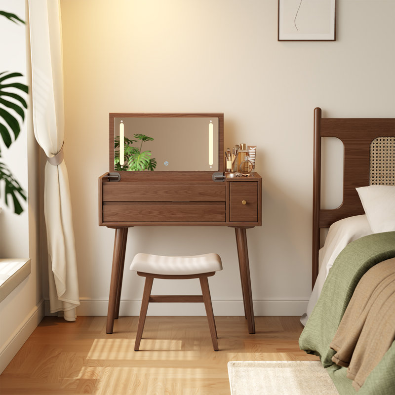 Coiffeuse en bois massif avec miroir inversé et modes d'éclairage, Brun,  L 31,4 po 