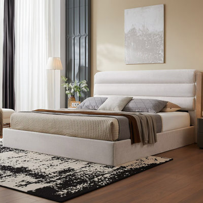 Structure de lit pour tête de lit à 3 panneaux en lin avec rangement relevable, sans sommier tapissier, ivoire
