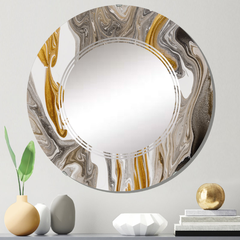 Miroir mural doré et gris vagues de marbre moderne, 24 po x 24 po