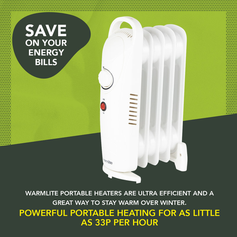 Warmlite 5 Fin Oil Filled Radiator with Adjustable Thermostat and Overheat Protection, 650W, White