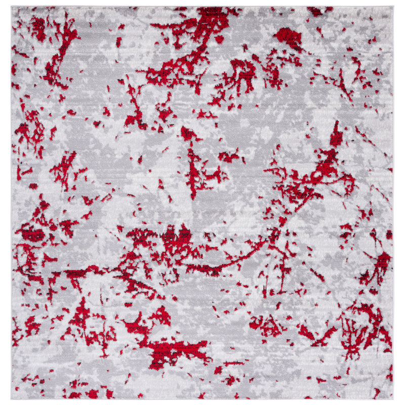 Tapis gris / rouge à motif abstrait, Carré 6 pi 7 po