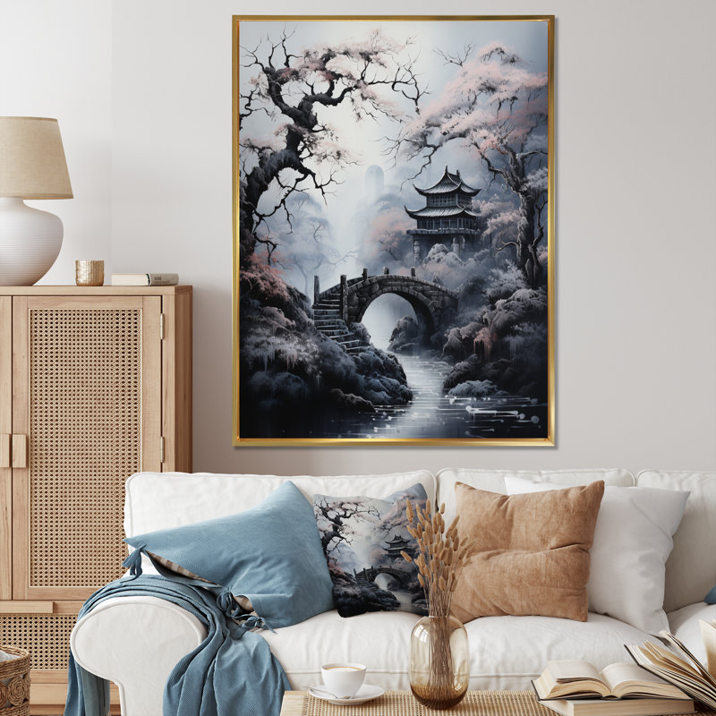 Pont du Japon gris dans le brouillard sur toile, H 32 po x l 16 po x P 1 po, Cadre flottant doré