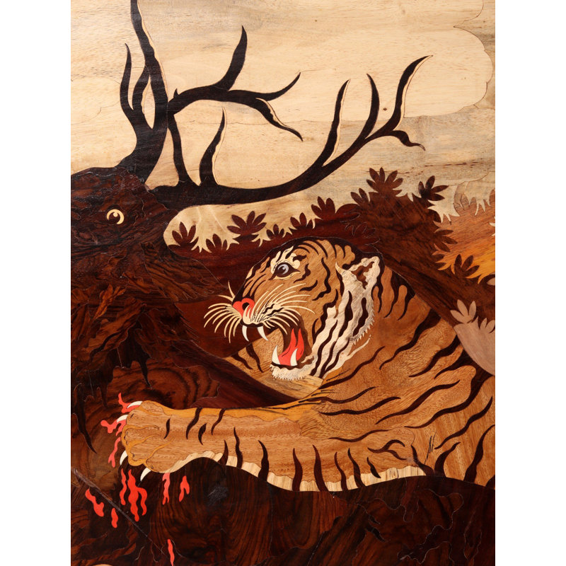 Tigre sculpté à la main, art mural en bois 3D, scène de la faune de 48 pouces avec incrustation