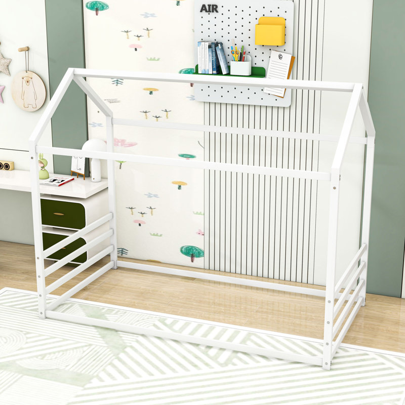 Lit de plancher en métal avec garde-corps, conception en forme de maison, Twin, Blanc