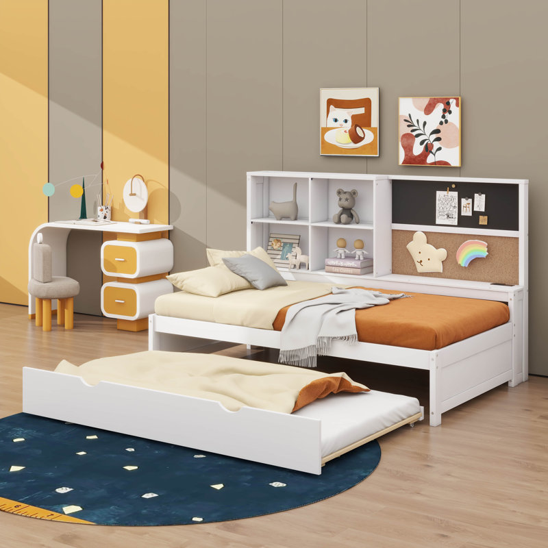 Charming Twin-Sized Daybed With Integrated Shelves, Chalkboard Design, And Pull-Out Trundle Bed