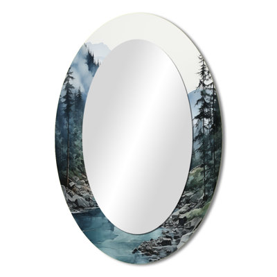 Grey Blue Minimalism Forest Reflections II - Gray Oval Wall Mirror Decor