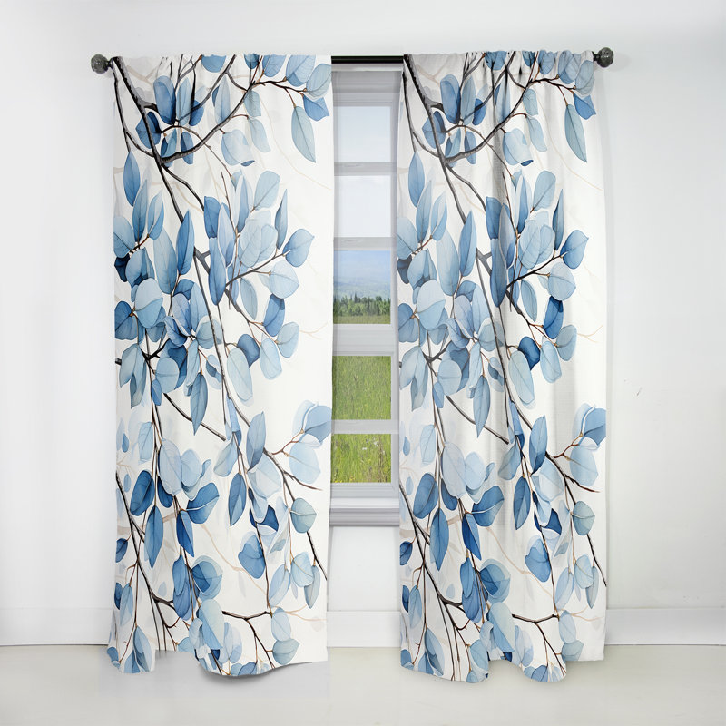 Blue And Grey Leave Bloom - Traditional Curtain - Velvet Room Darkening - 1 panel, 52" W x 63" L