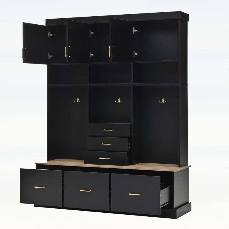 Hall Tree with Bench,Coat Rack,6 Drawers,3 Cabinets,for Hallway,Entryway,Living Room,Mudroom, Black/Natural