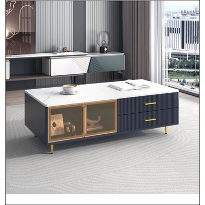 Table basse moderne bleu marine avec 2 portes de rangement en verre, 4 tiroirs, pieds en métal doré