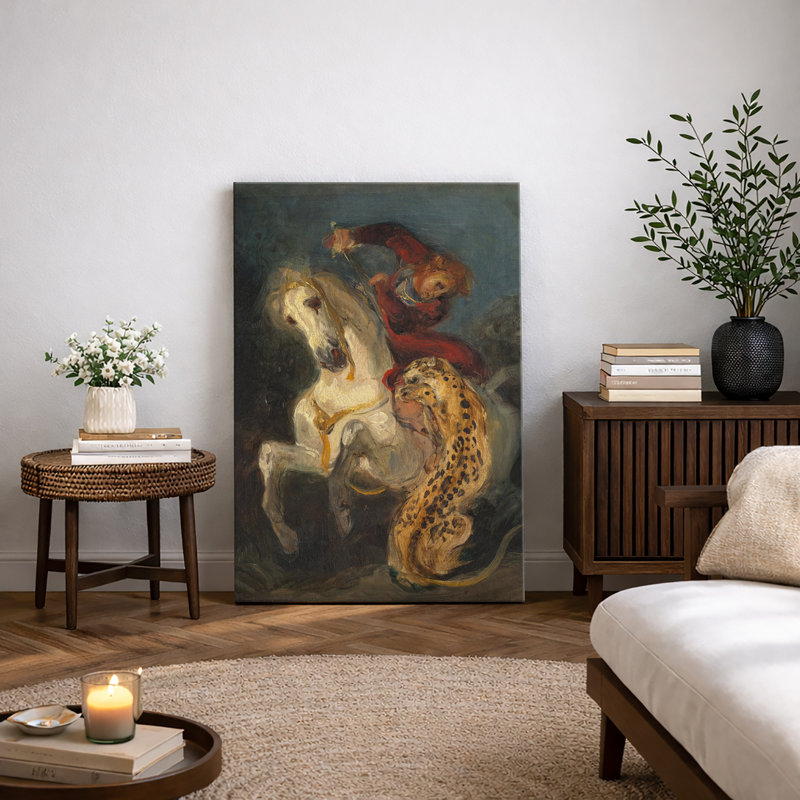 «Mythic Rider and Leopard», impression de personnages légendaires dramatiques, impression sur toile encadrée, Toile tendue
