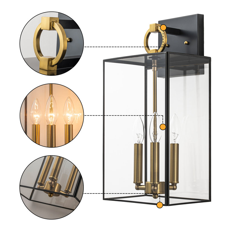 Lanterne murale d'extérieur 2 lumières noir + laiton avec douille E12 et abat-jour en verre trempé transparent
