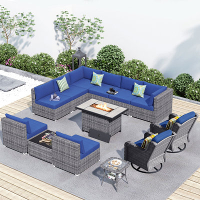10 - Person Patio Furniture Set With Swivel Rockers, Outdoor Wicker Rattan Sectional Seating Group With Cushions, All Weather Sofa Conversation Set With Fire Pit Table For Garden Backyard