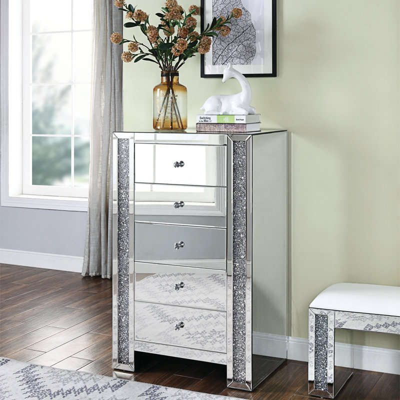 Commode 5 tiroirs Olyn, Miroir / faux cristaux