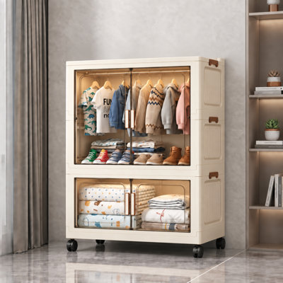 1+2 Pack Modular Stackable Storage Cabinet, Collapsible Storage Bins with Lids & Wheels, Clothes Hanging Storage Organizer for Bedroom Dorm, Transparent Large Capacity Clothes Storage Cabinet