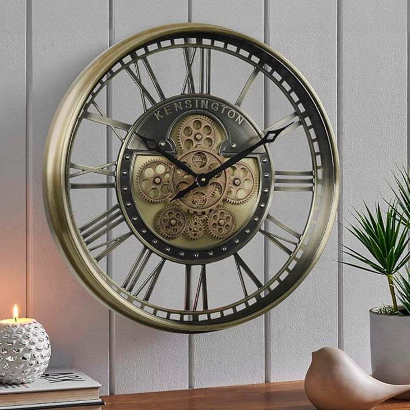 CLXEAST Grande horloge murale à engrenages mobiles pour décor de salon de campagne moderne, horloge murale à chiffres romains en laiton doré à piles, reloj de Pared Para Sala (21 po)