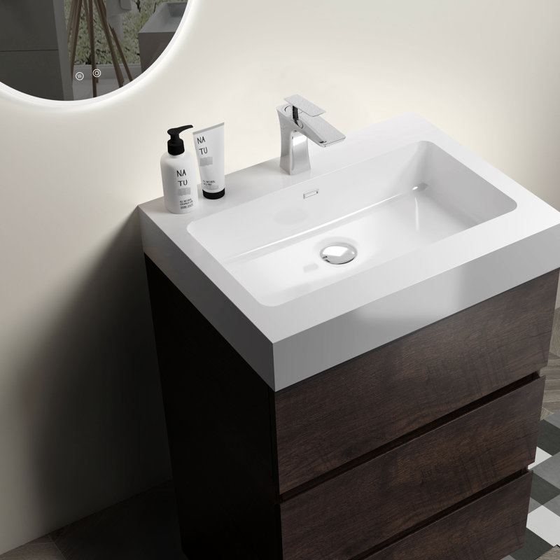 Meuble-lavabo 24 po en noyer de style moderne autoportant, grand espace de rangement, lavabo blanc, glissières de tiroir silencieuses, rangement pré-assemblé à l'intérieur,