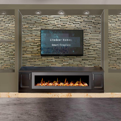Foyer électrique intelligent 68 "ZEF68X Latitude Liedeer Homes | Ultra-mince fixé au mur et encastré | HD multi-flammes, bûches respirantes avec décoration de roches de glace pilée, contrôle de l'application